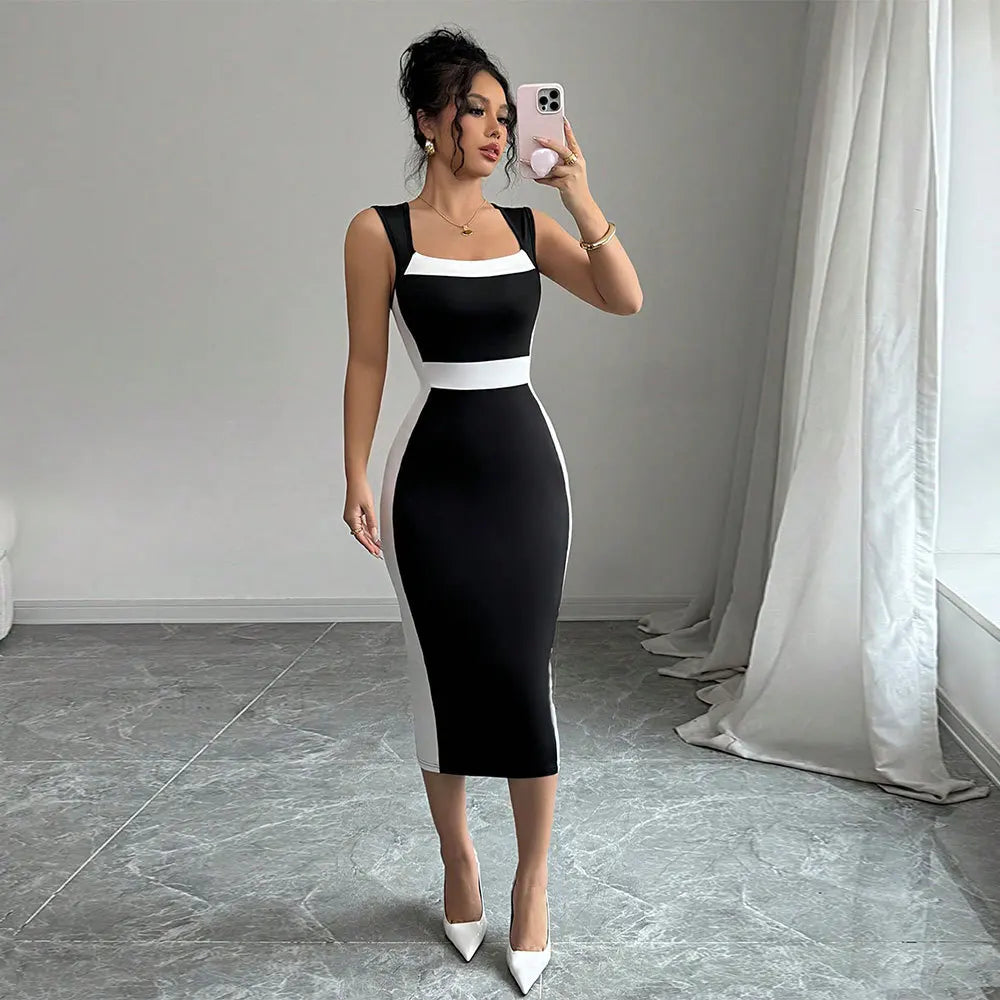 Square Collar Contrast Mini Dress