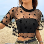 Heart Print Sheer Mesh Crop Top