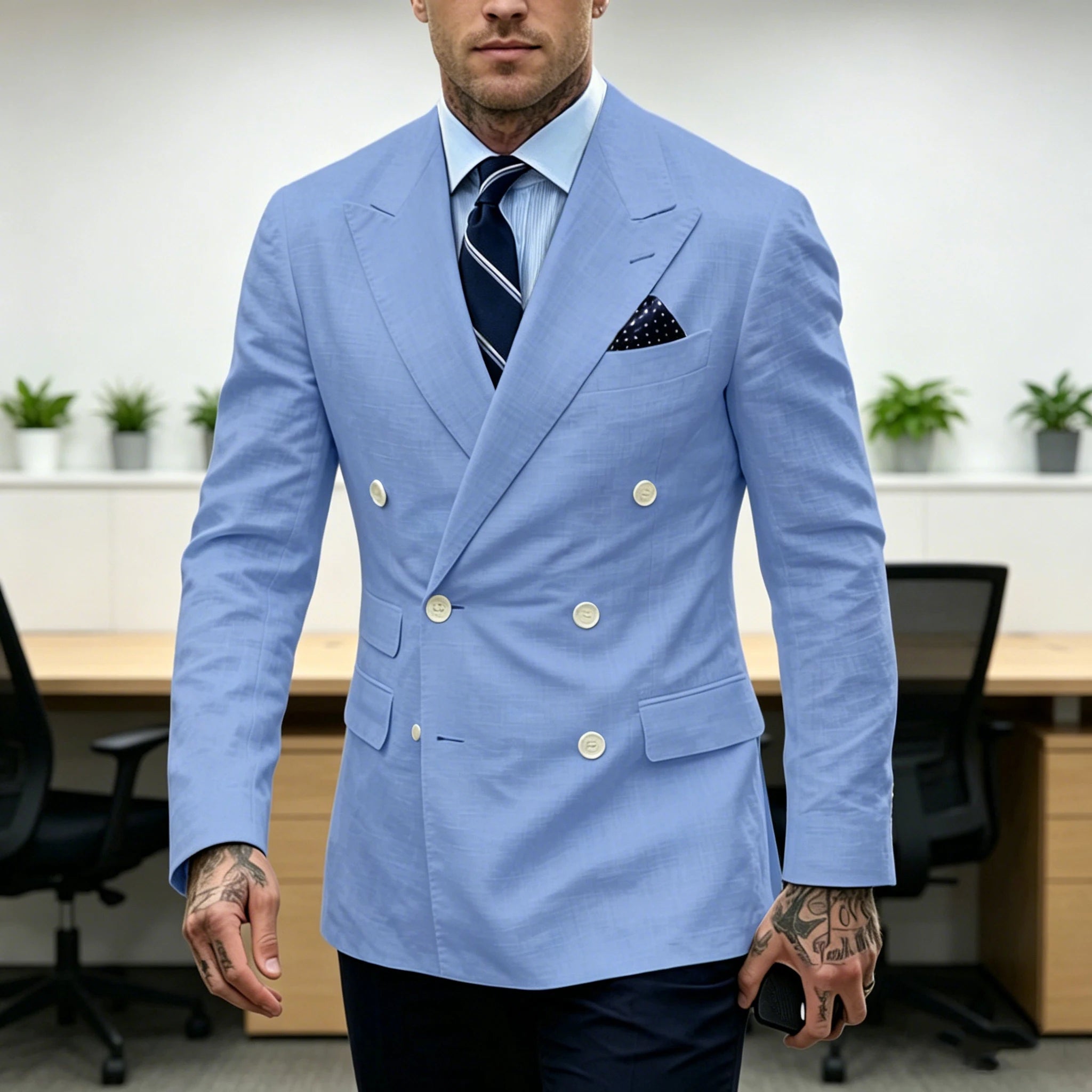 Linen Double-Breasted Slim Tuxedo Blazer
