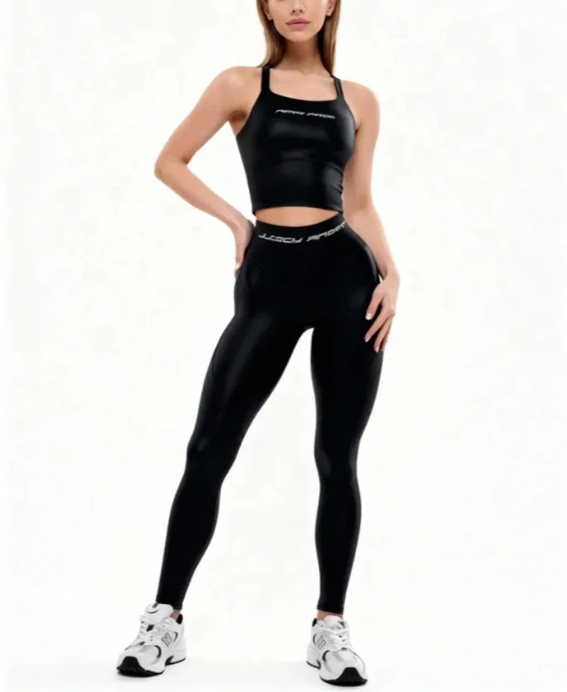 Laminated Solid Pullover Slim Fit Two-Piece Yoga Set