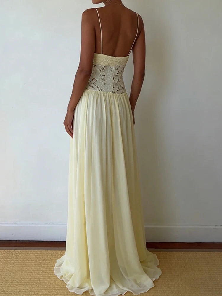 Hollow-Out Lace Patchwork Maxi Dress