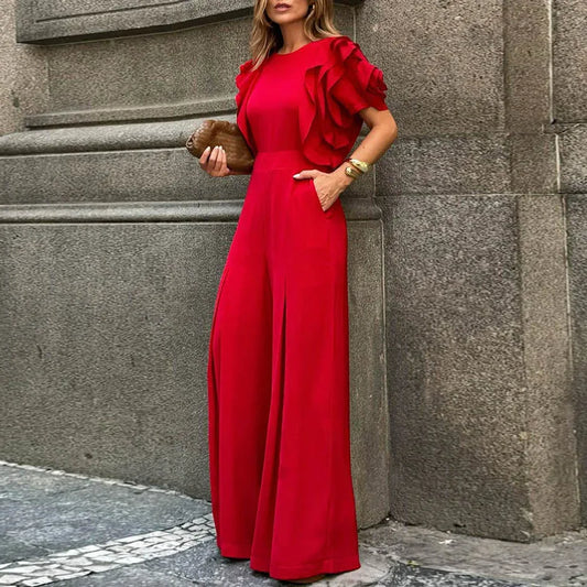 Red Falbala Wide Jumpsuit