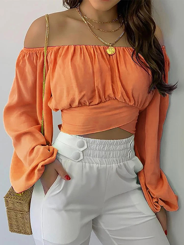Off-Shoulder Lace-Up Blouse