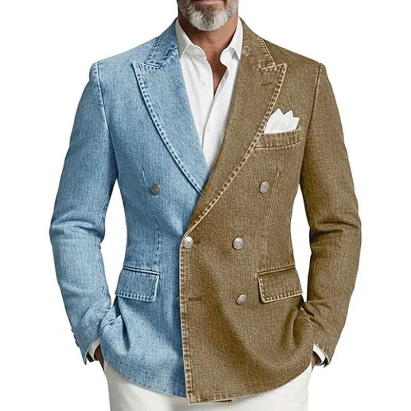 Denim Double-Breasted Peak-Lapel Blazer