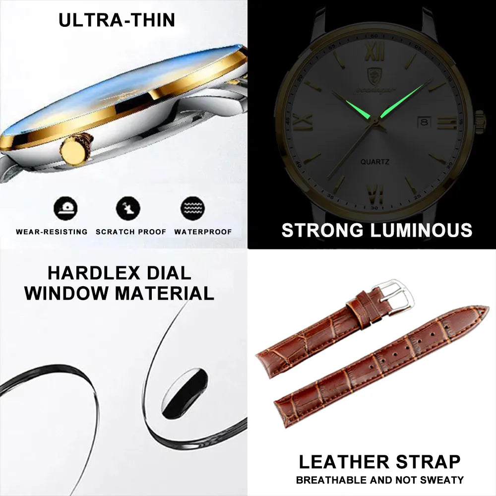 POEDAGAR Gold Leather Quartz Watch