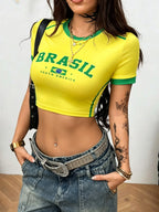 Broadcloth Letter Print Short Sleeve Crop Top