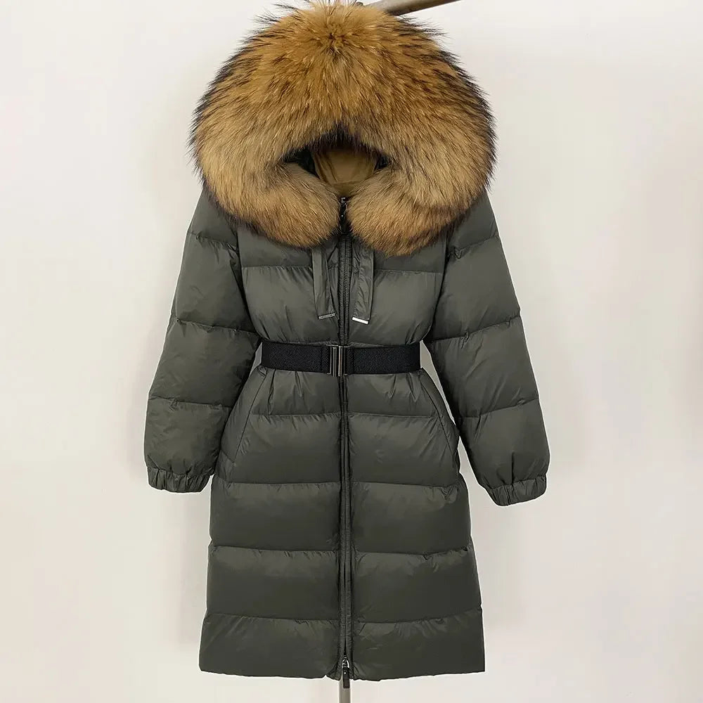 Women’s White Duck Down Puffer Coat with Real Fur Hood