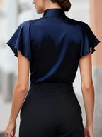Satin Solid Button Front Regular Fit Blouse
