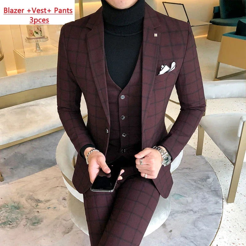 Boutique Plaid Three-Piece Business Suit