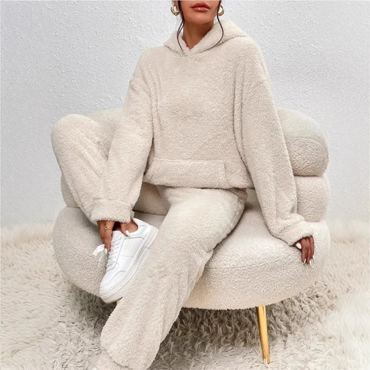 Women’s Plush Hooded Sweatshirt & Trousers 2-Piece Set