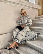 Retro Belted Long Sleeve A-Line Dress