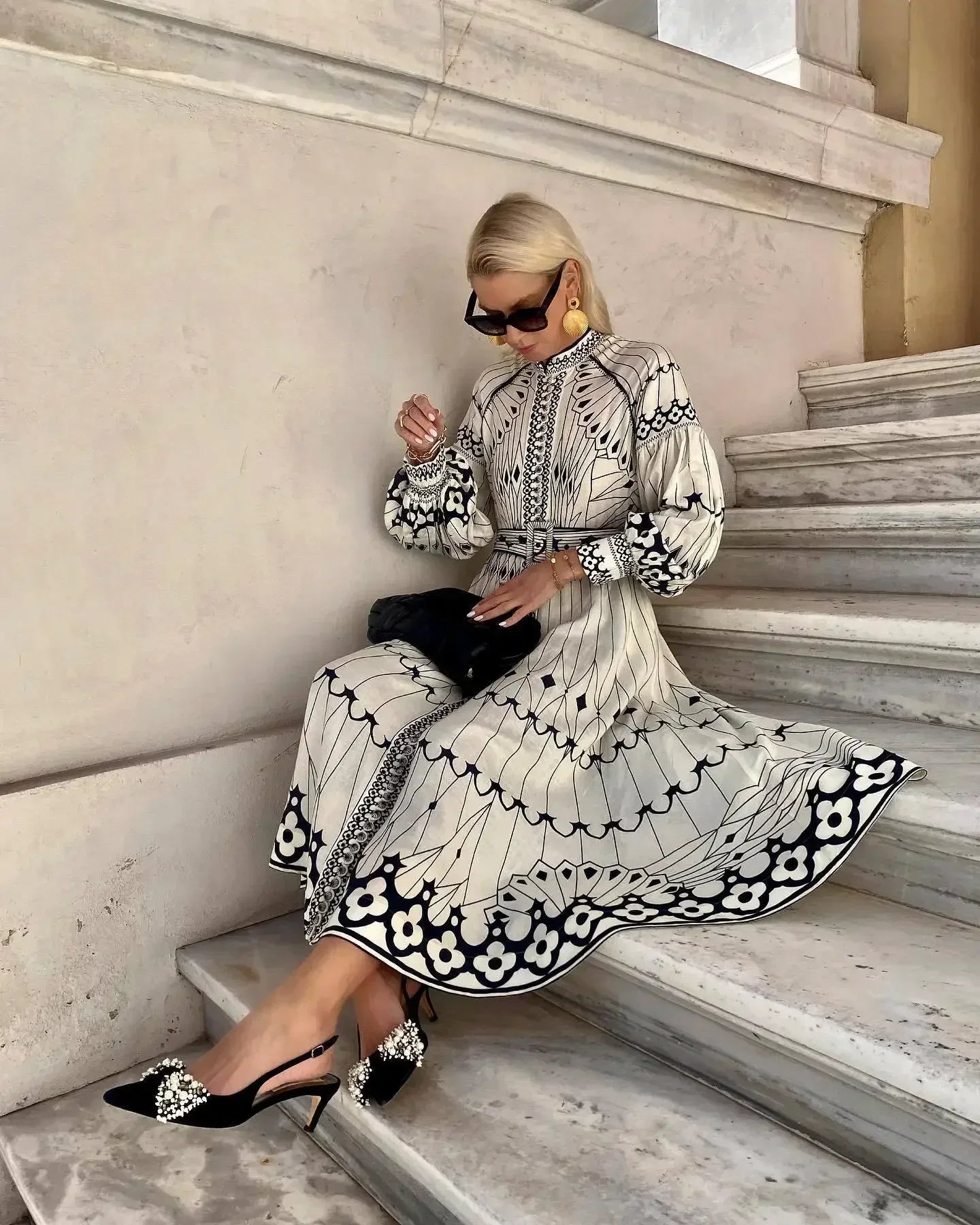 Retro Belted Long Sleeve A-Line Dress