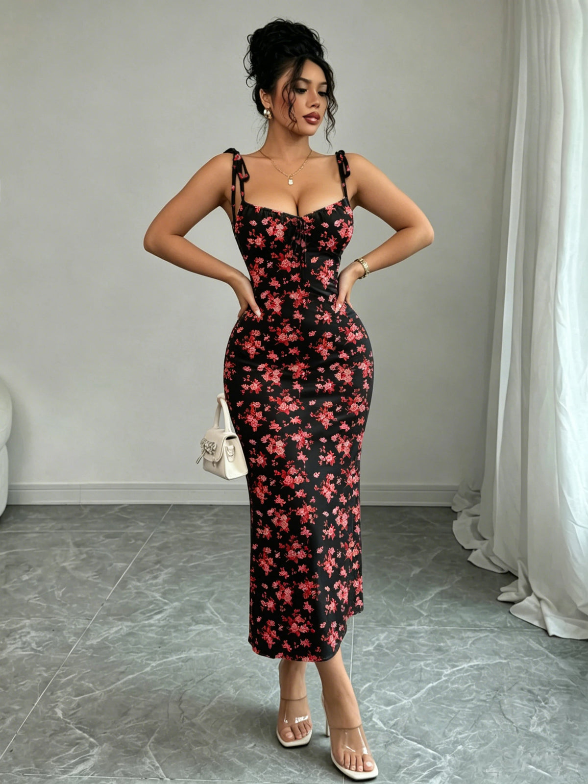 Tie-Strap Floral Fishtail Dress