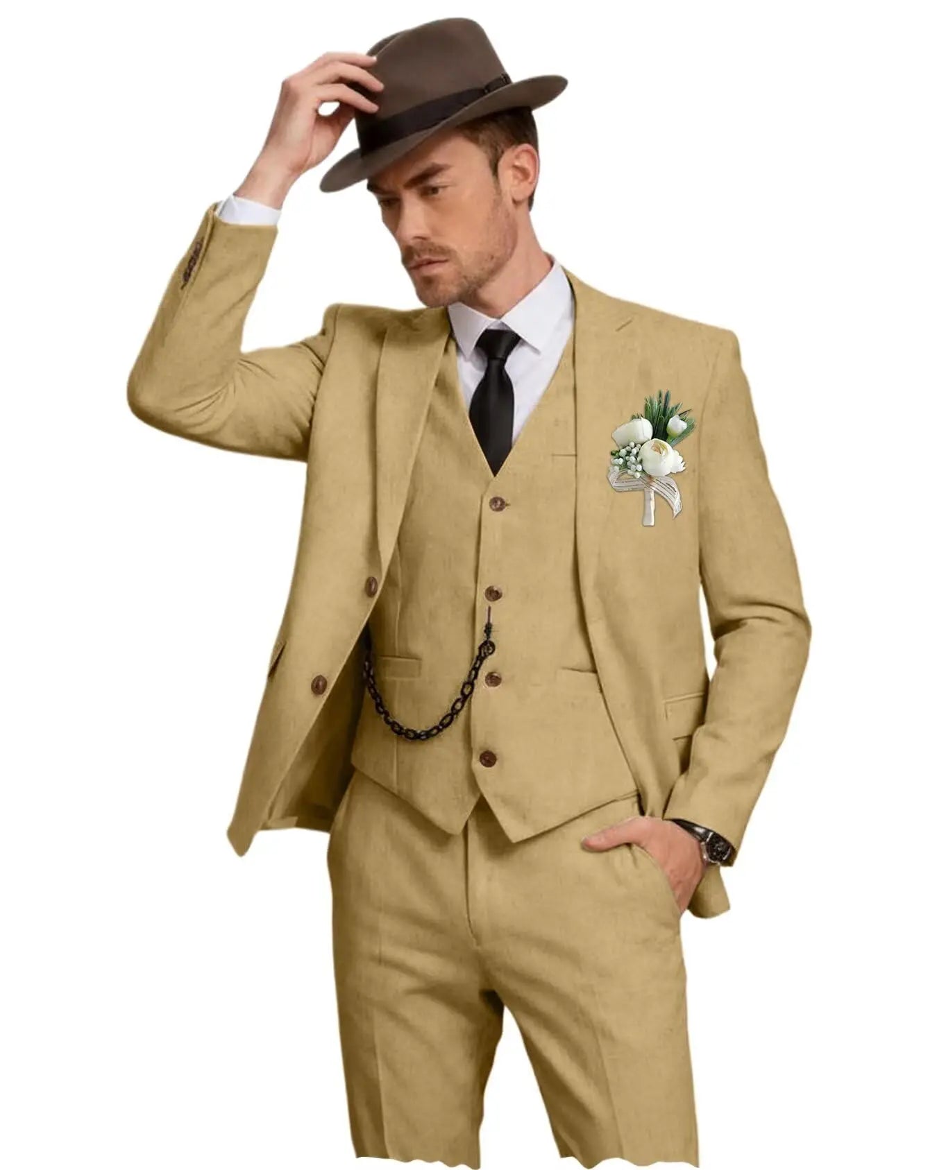 Three-Piece Linen Notch-Lapel Suit
