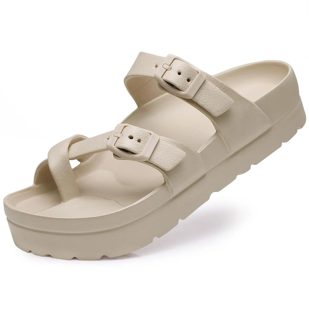 Women Buckle Platform Slides