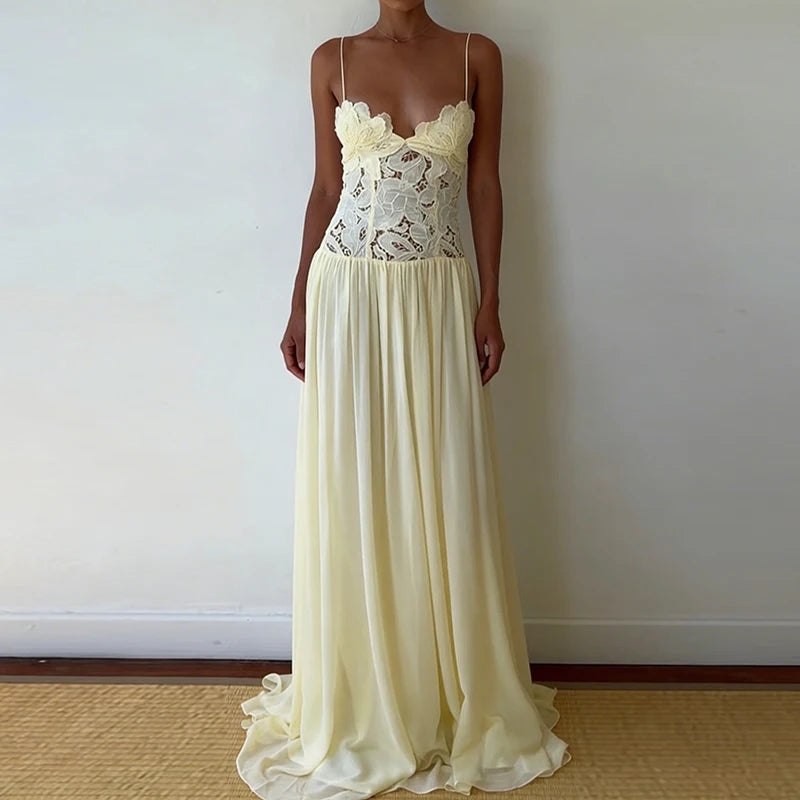 Hollow-Out Lace Patchwork Maxi Dress