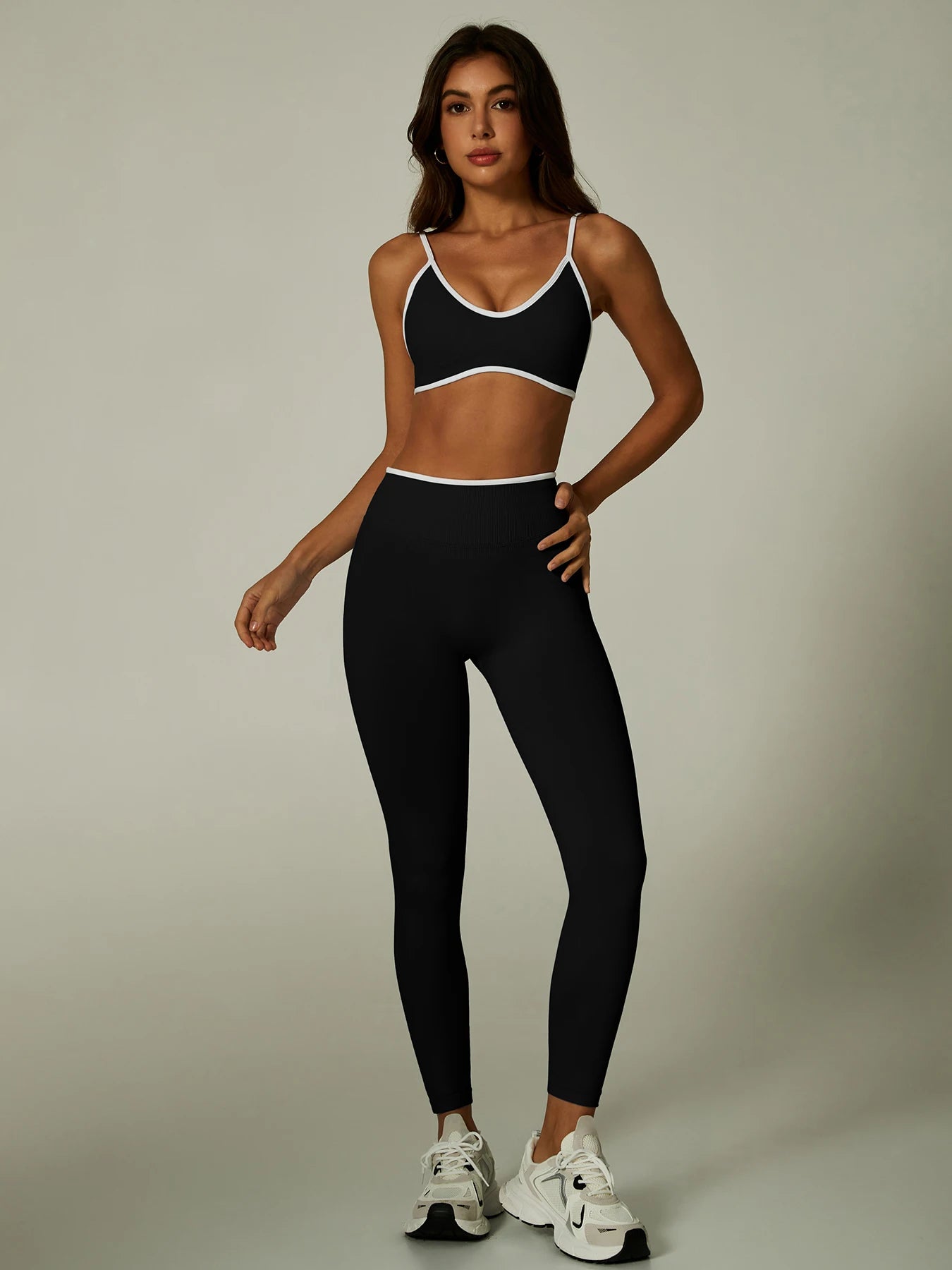 Nylon Solid Elastic Waist Two-Piece Yoga Set