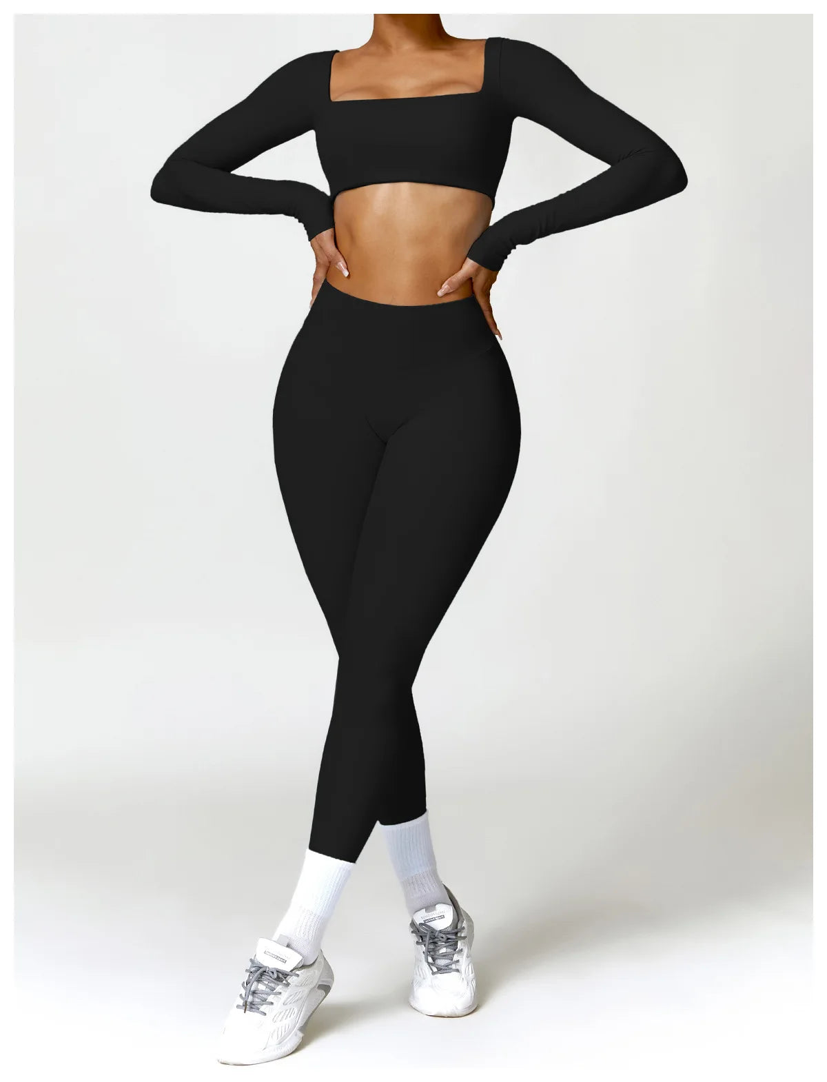 Nylon Solid Long Sleeve Two-Piece Yoga Set