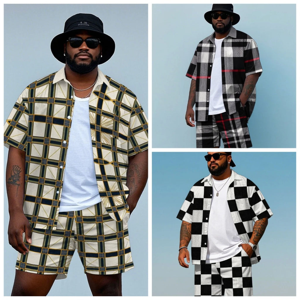 Geometric Checkerboard Shirt Shorts Set