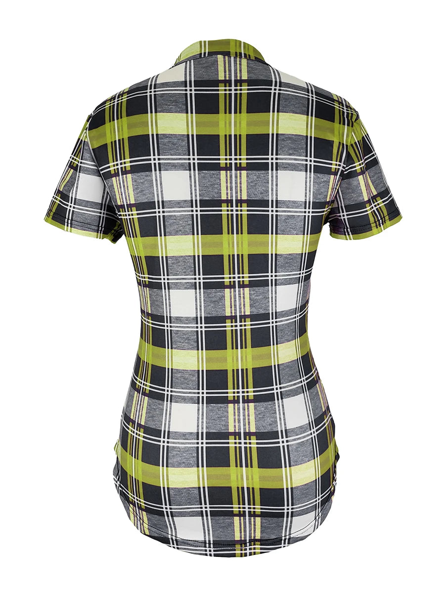 Plaid V-Neck Button-Up T-Shirt