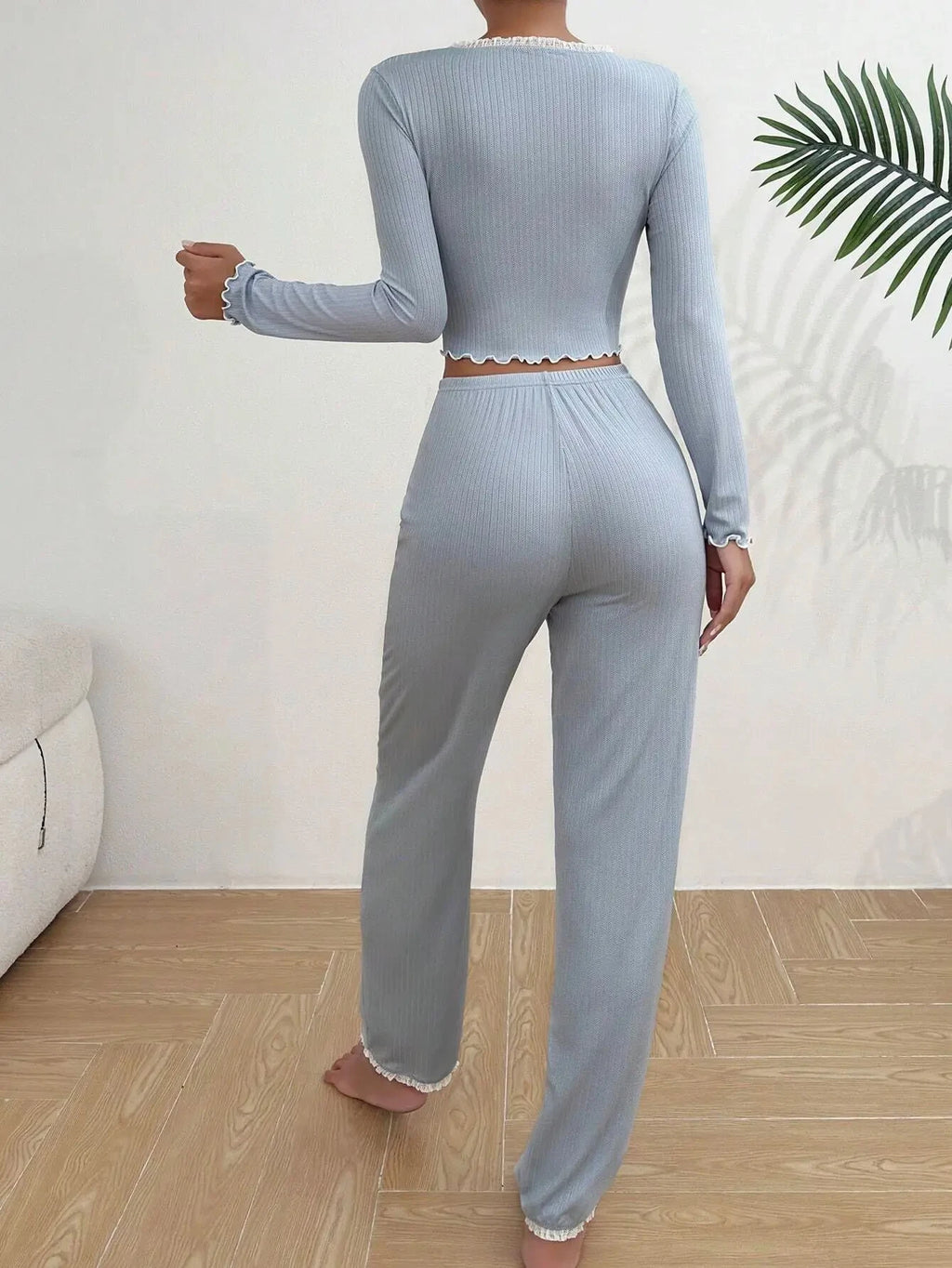 Elegant Solid V-Neck Knit Pajama Set
