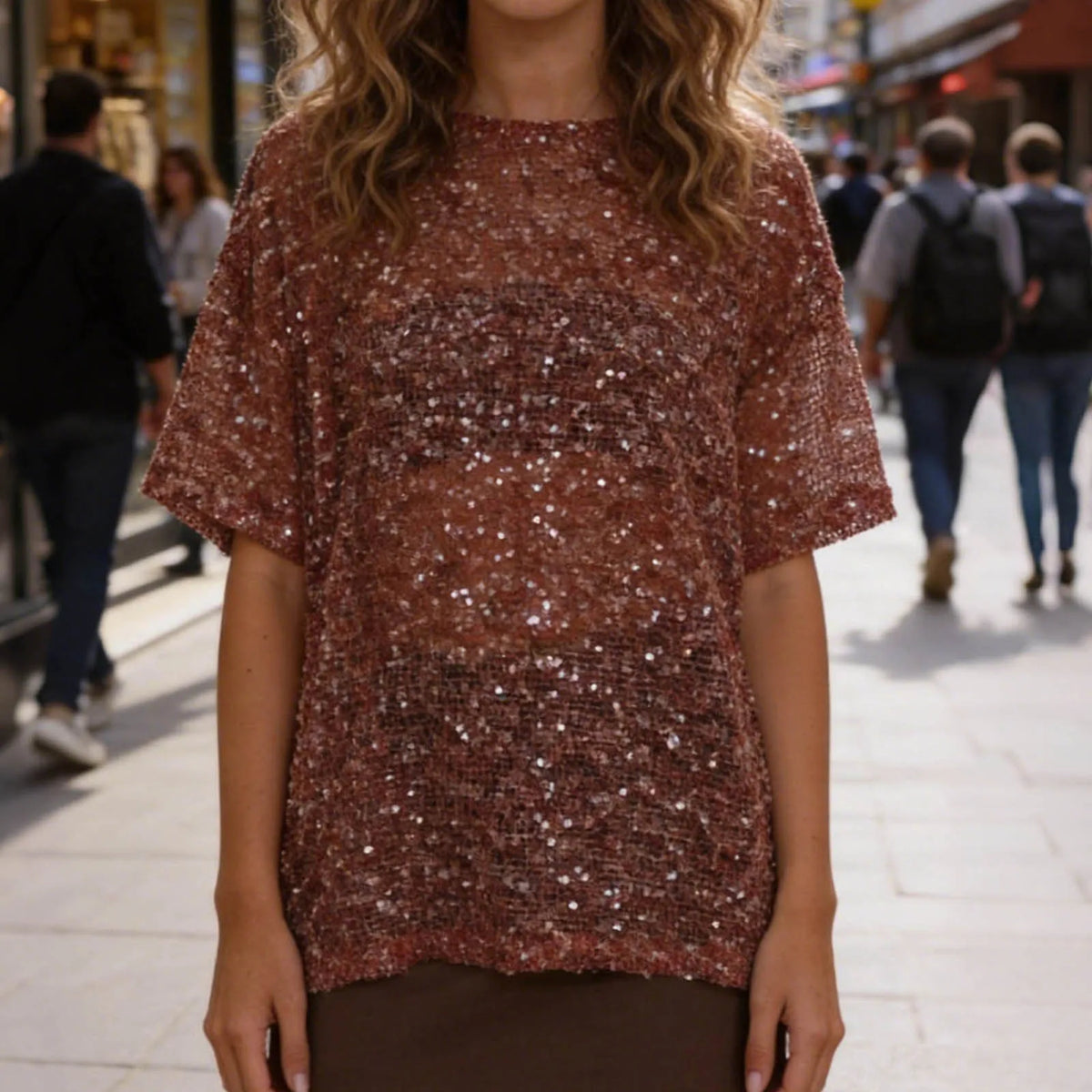 Brown Sequin Mesh Top