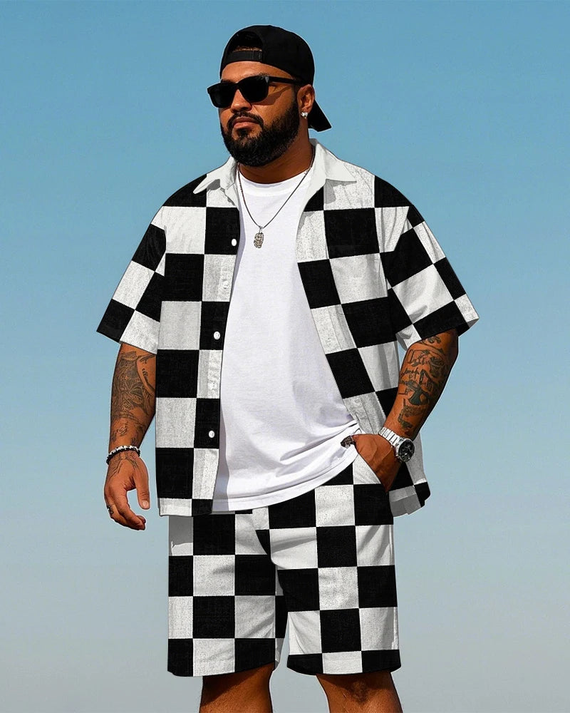 Geometric Checkerboard Shirt Shorts Set