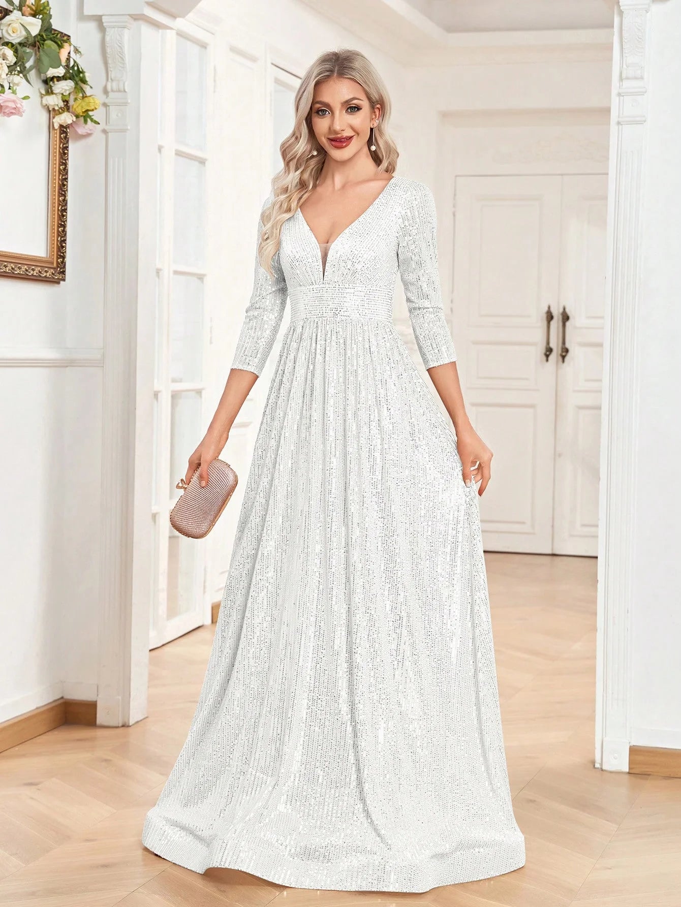 Long Sleeves Blue Sequins Formal Evening Dress