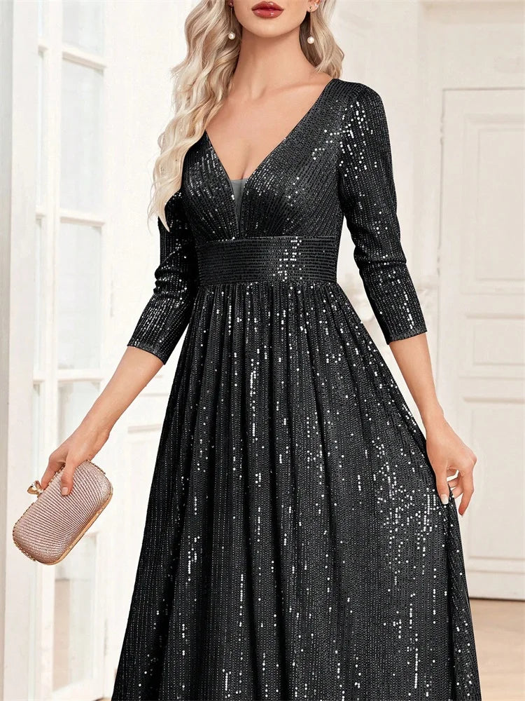 Long Sleeves Blue Sequins Formal Evening Dress