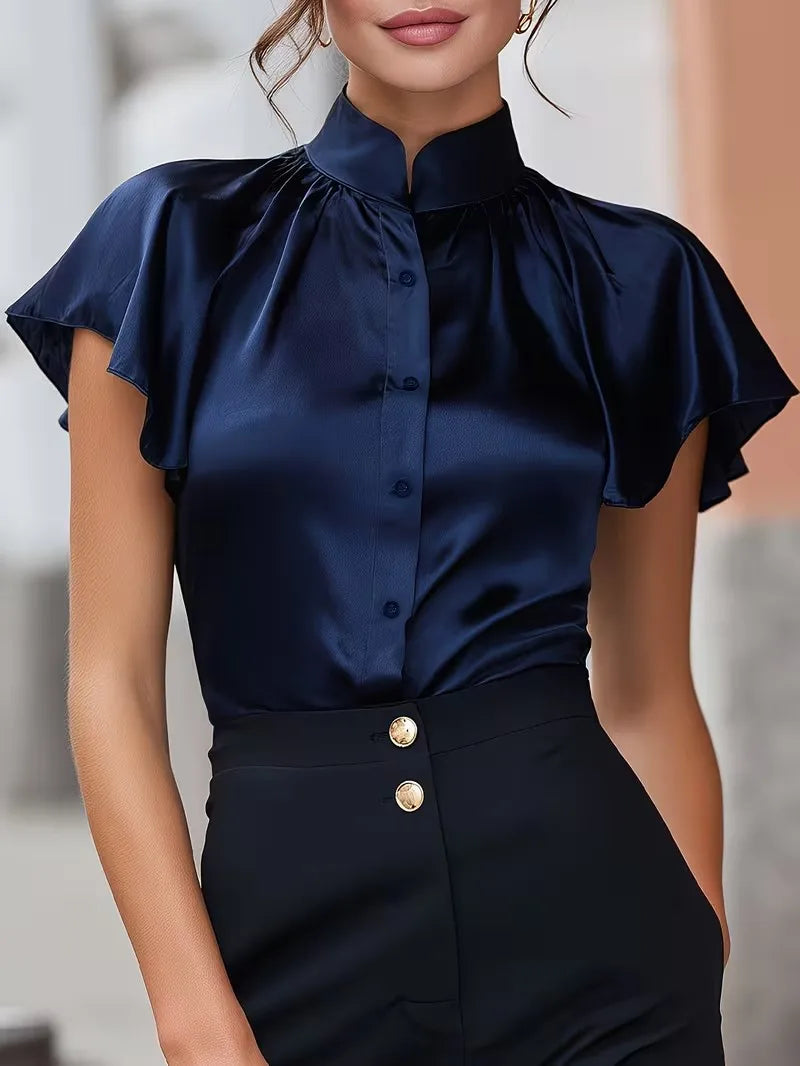 Satin Solid Button Front Regular Fit Blouse