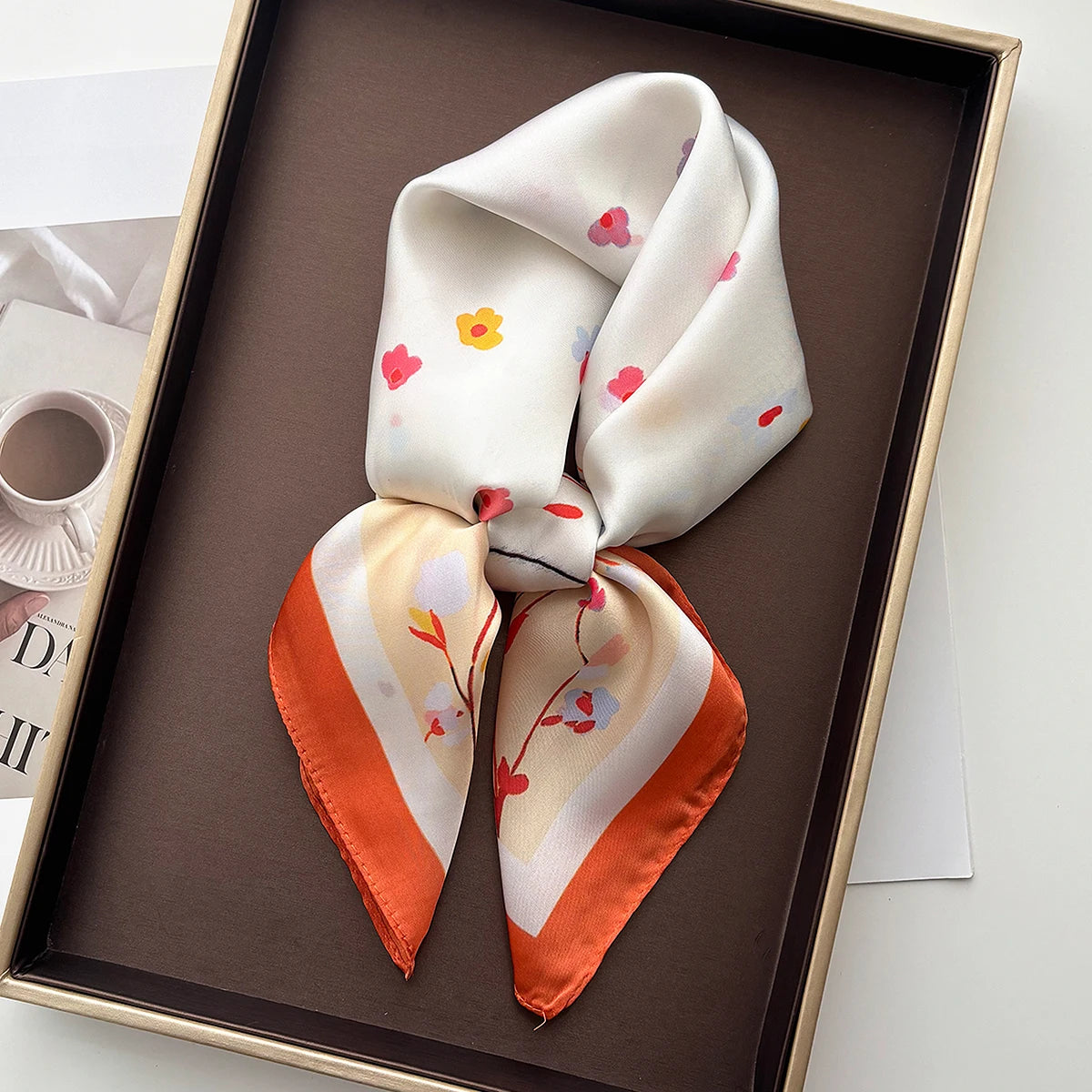 Elegant Floral Satin Square Scarf