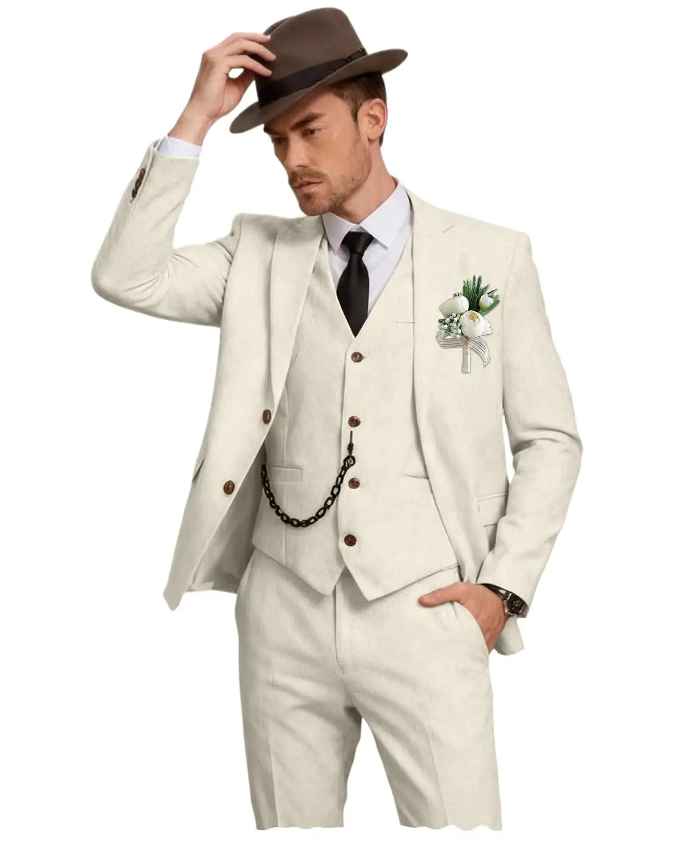 Three-Piece Linen Notch-Lapel Suit
