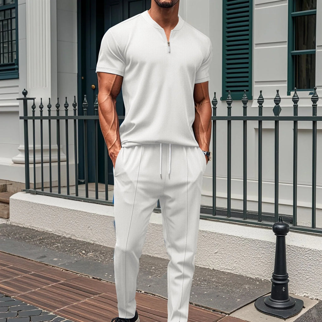 Waffle Zipper Polo Shirt Trousers Set