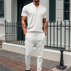 Waffle Zipper Polo Shirt Trousers Set