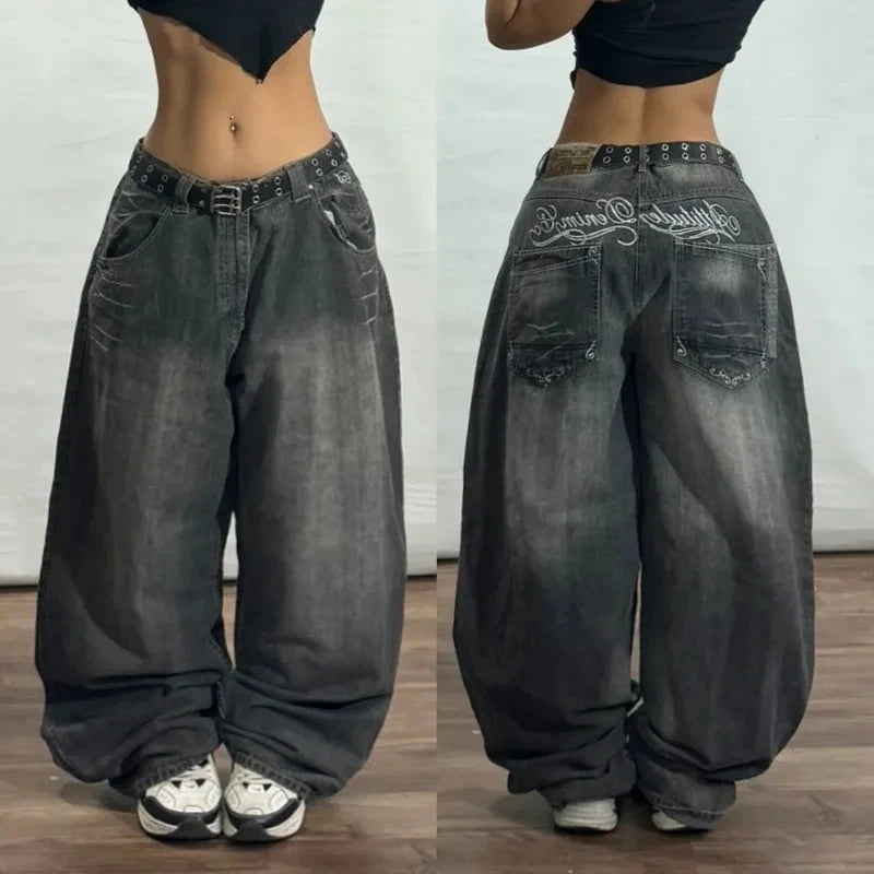 Mid Waist Punk Wide Jeans