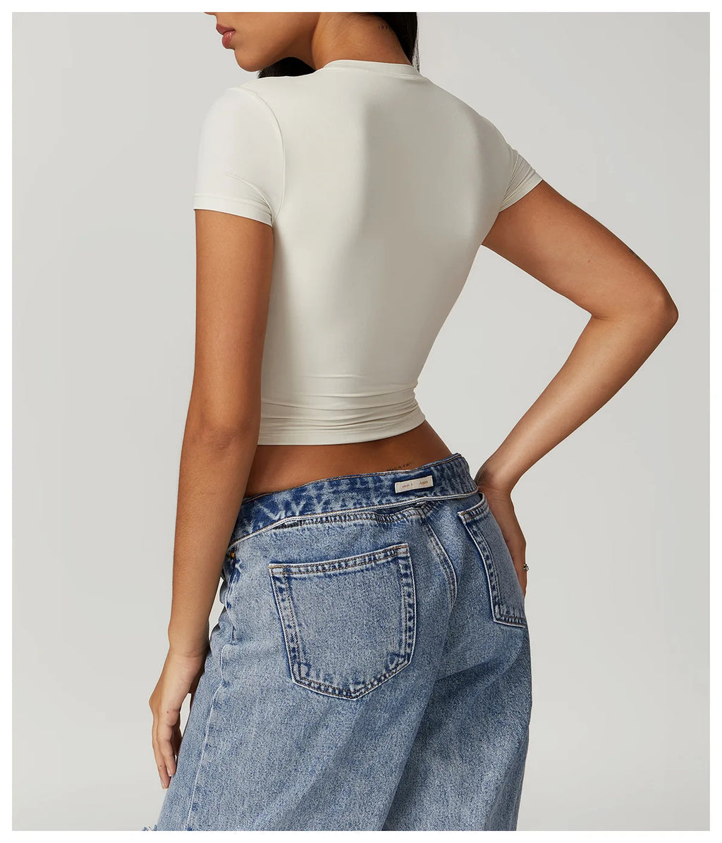 Nylon Short Sleeve True-To-Size Fit Crop Top