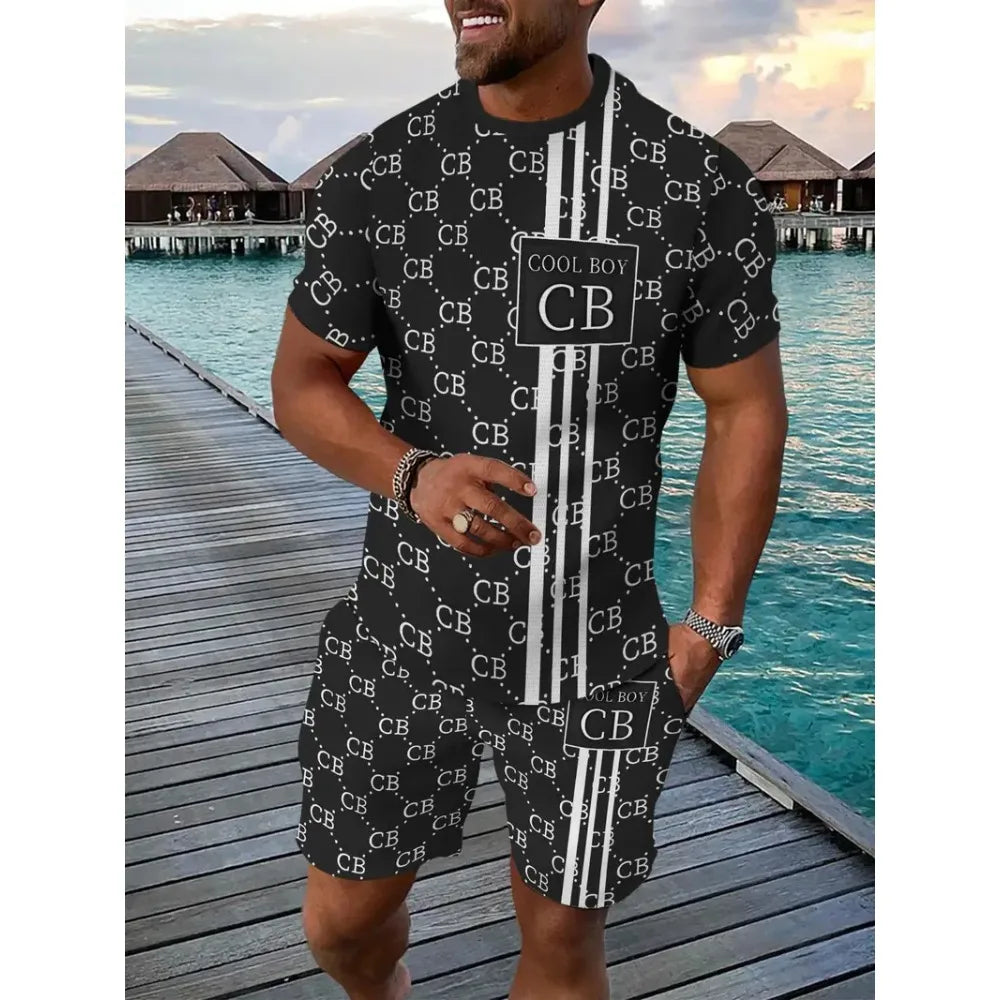 Letter Print Elastic Waist Shorts Set