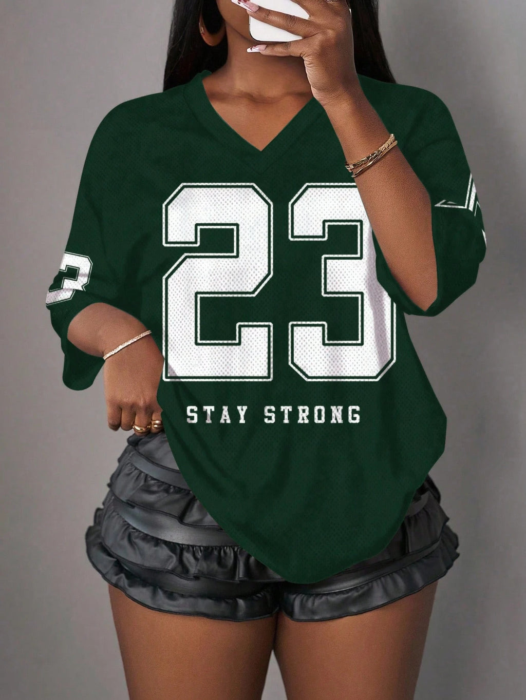 Blended Letter Print V-Neck True-To-Size Fit T-Shirt