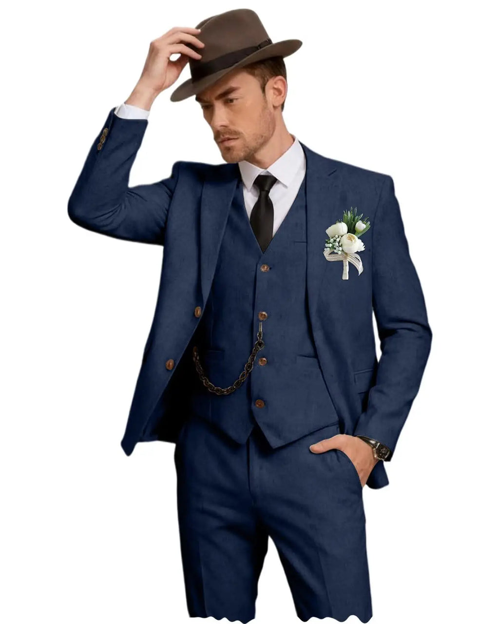 Three-Piece Linen Notch-Lapel Suit