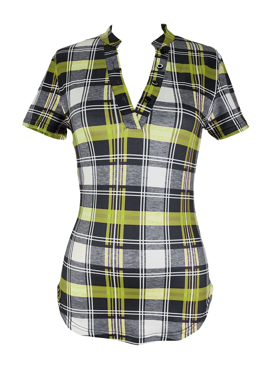 Plaid V-Neck Button-Up T-Shirt