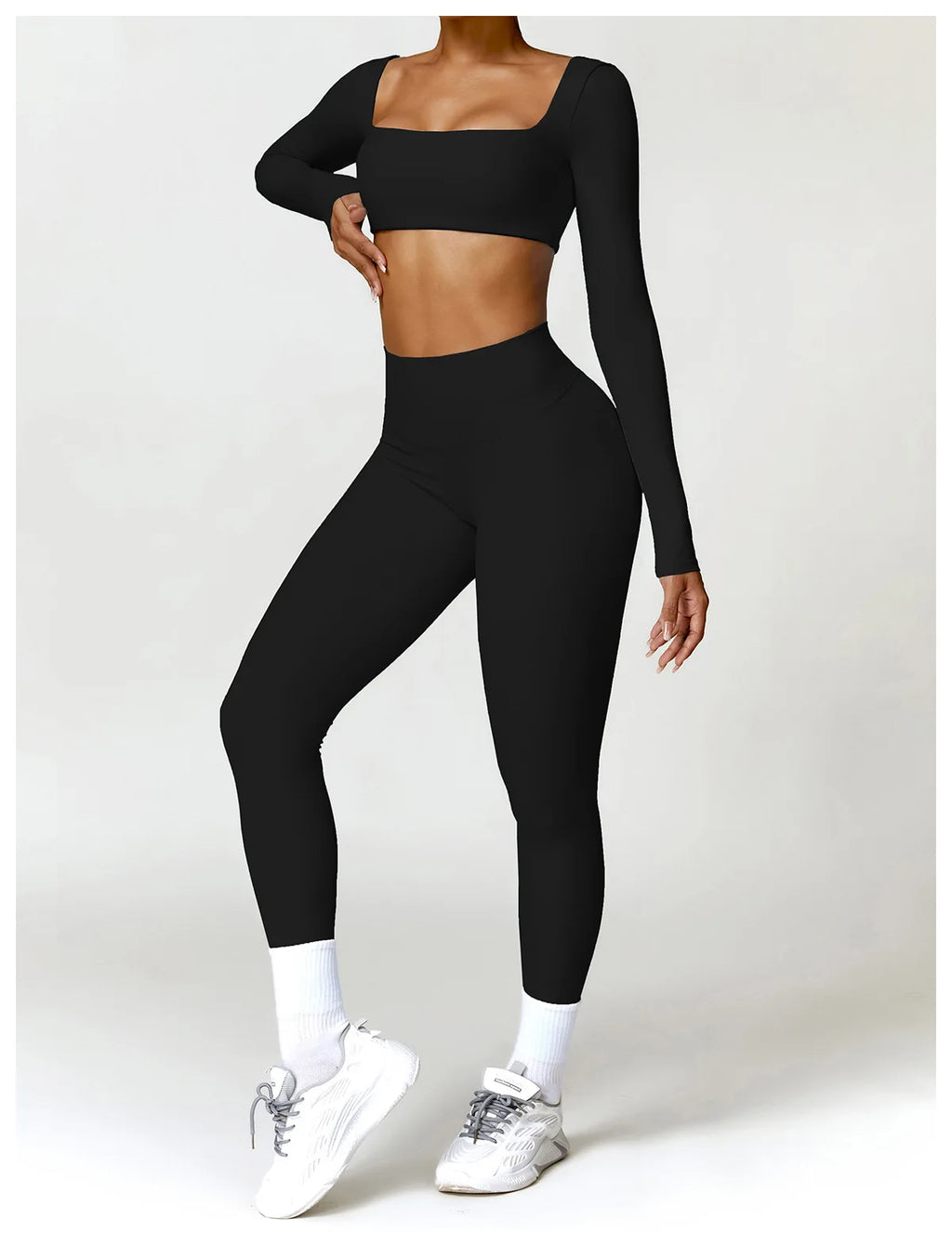 Nylon Solid Long Sleeve Two-Piece Yoga Set