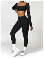 Nylon Solid Long Sleeve Two-Piece Yoga Set