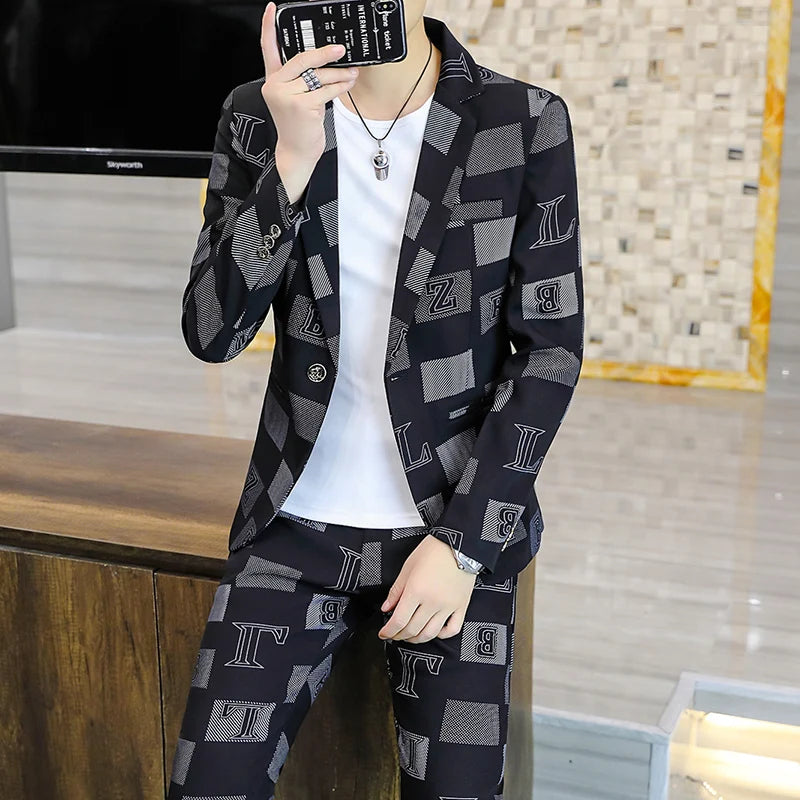 Korean Lettering Slim Suit Trousers Set