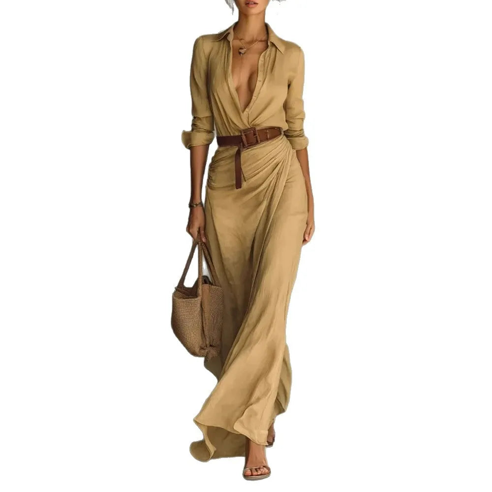 Deep V-Neck Belted Long Dress