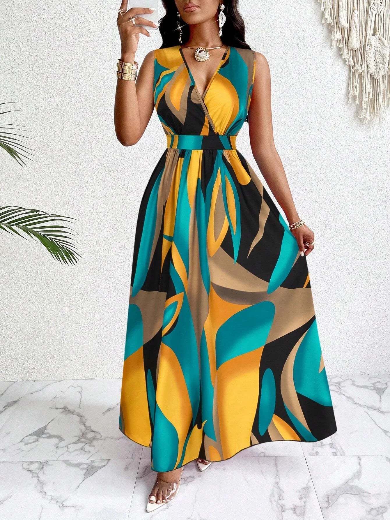 V-Neck Abstract Print Maxi Dress