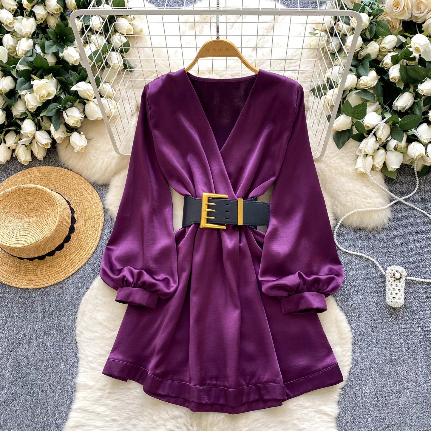 Satin V-Neck Ruched Mini Dress