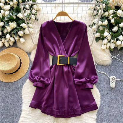 Satin V-Neck Ruched Mini Dress