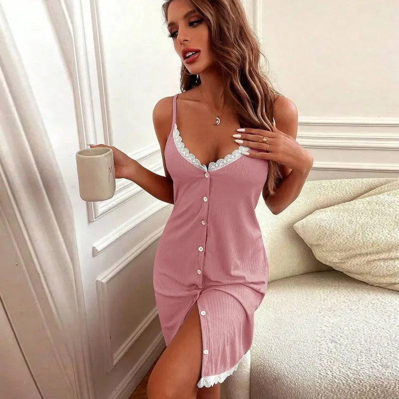 Lace Button Halter Nightgown