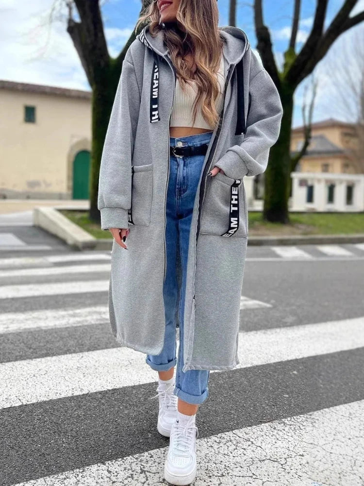Women’s Elegant Loose Hooded Coat with Zipper