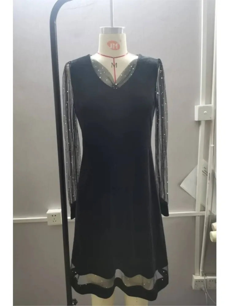 Sequin Deep V-Neck Mesh Midi Dress